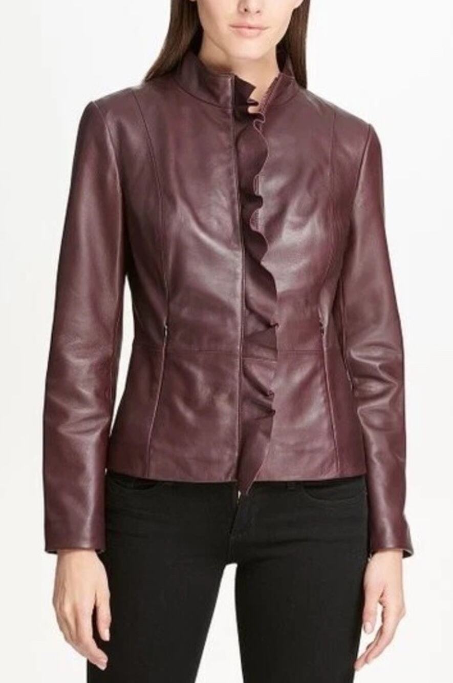 DKNY Ruffle Front Leather Jacket XS Bordeaux Burgundy Lamb Leather Moto